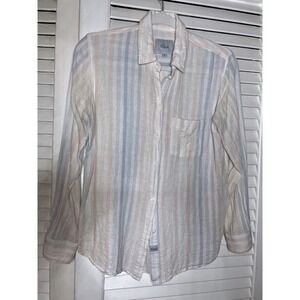 Rails Charli Barcelona Stripe Linen Blend Button Down Shirt  XS Pink Blue
